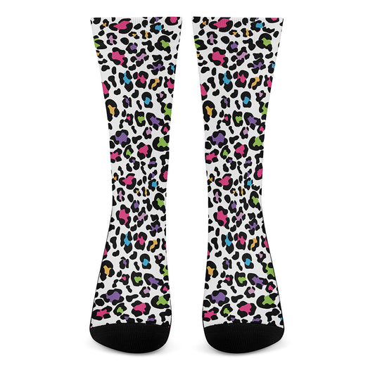 White And Rainbow Leopard Print Crew Socks