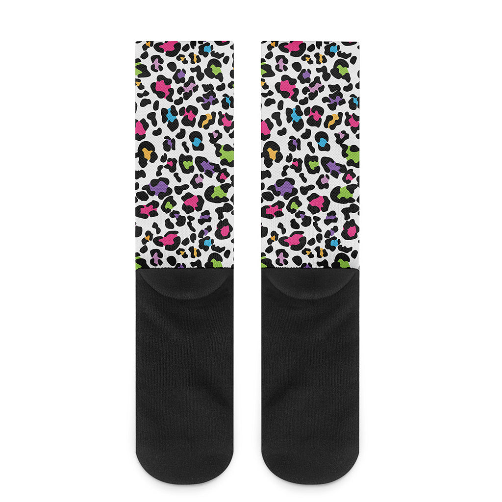 White And Rainbow Leopard Print Crew Socks