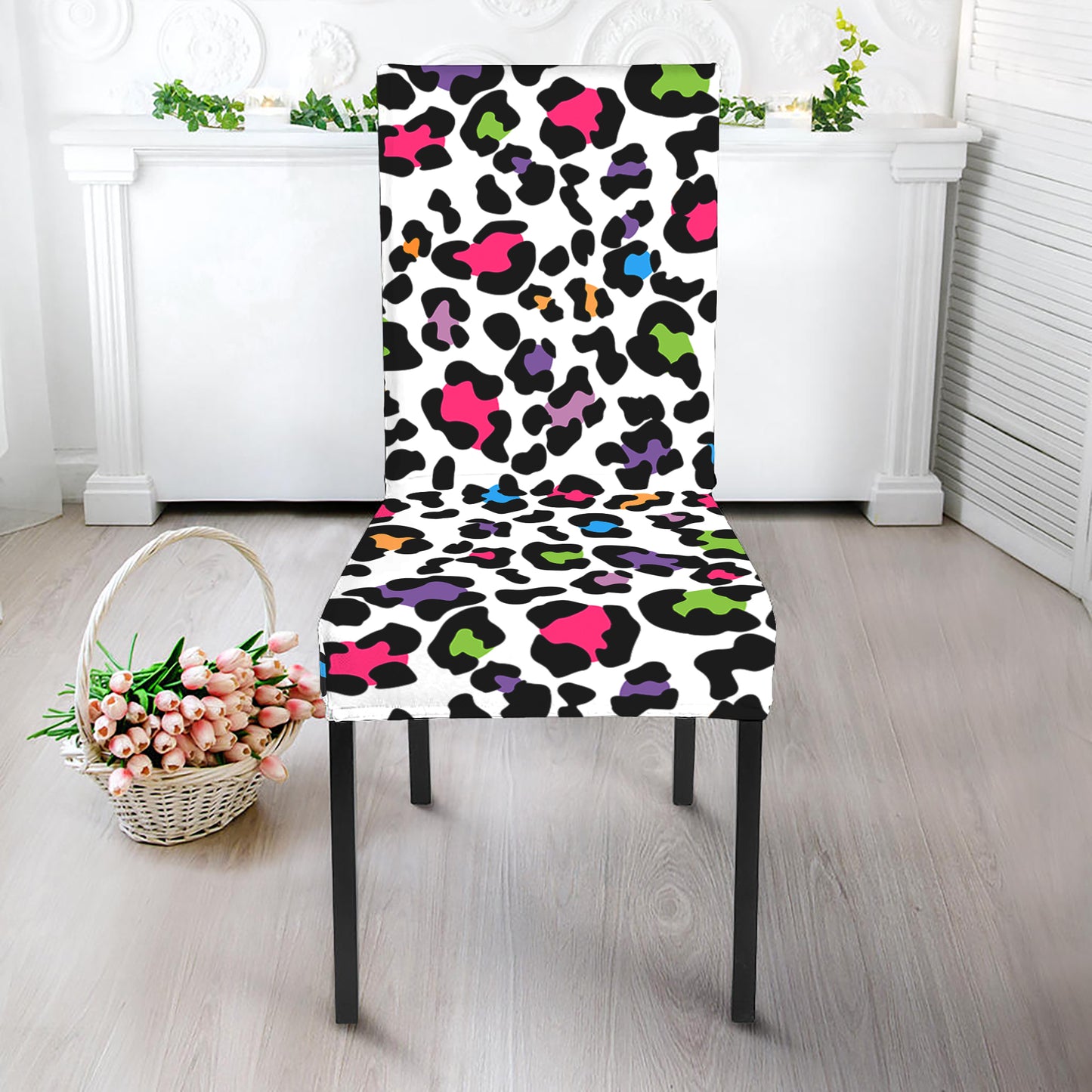 White And Rainbow Leopard Print Dining Chair Slipcover
