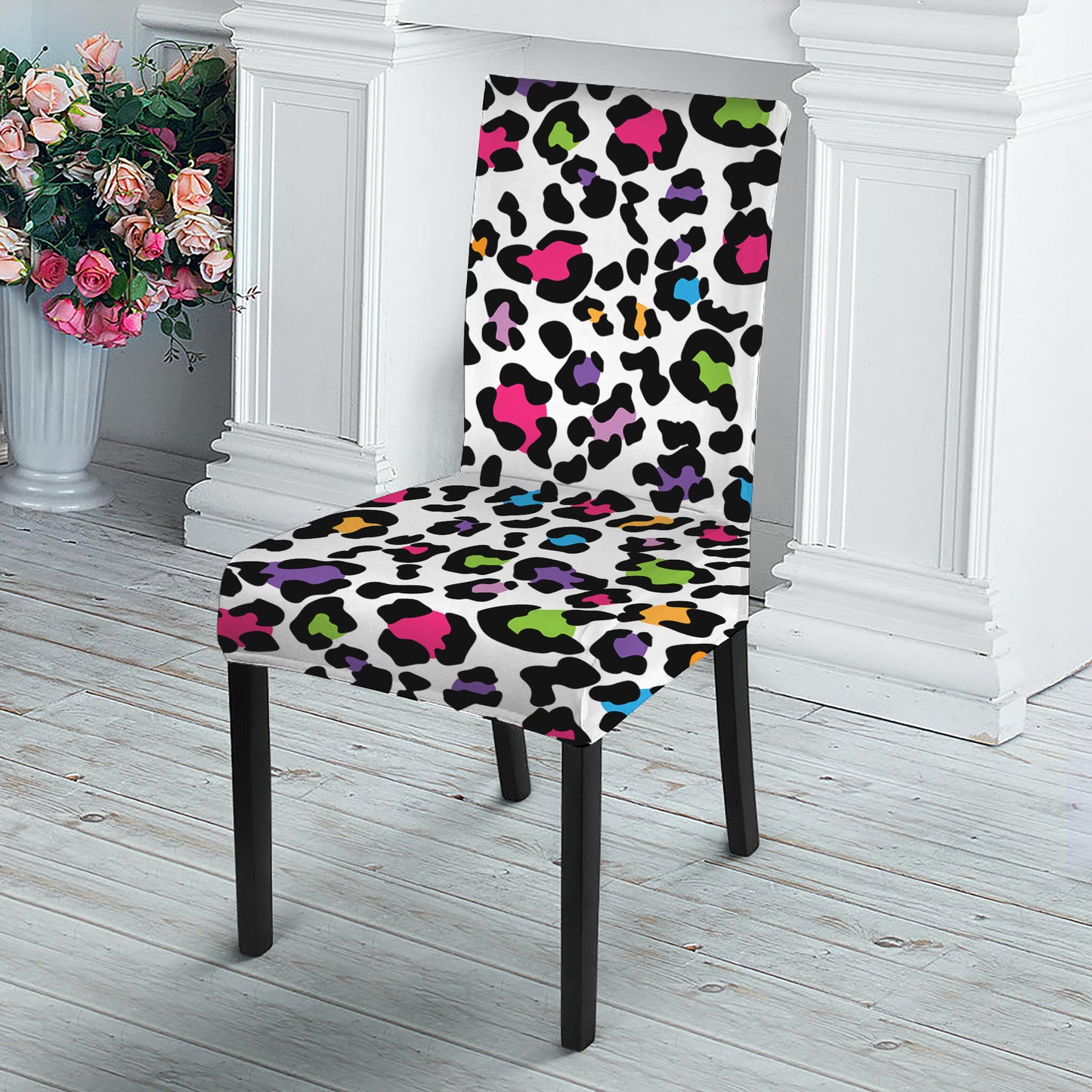 White And Rainbow Leopard Print Dining Chair Slipcover