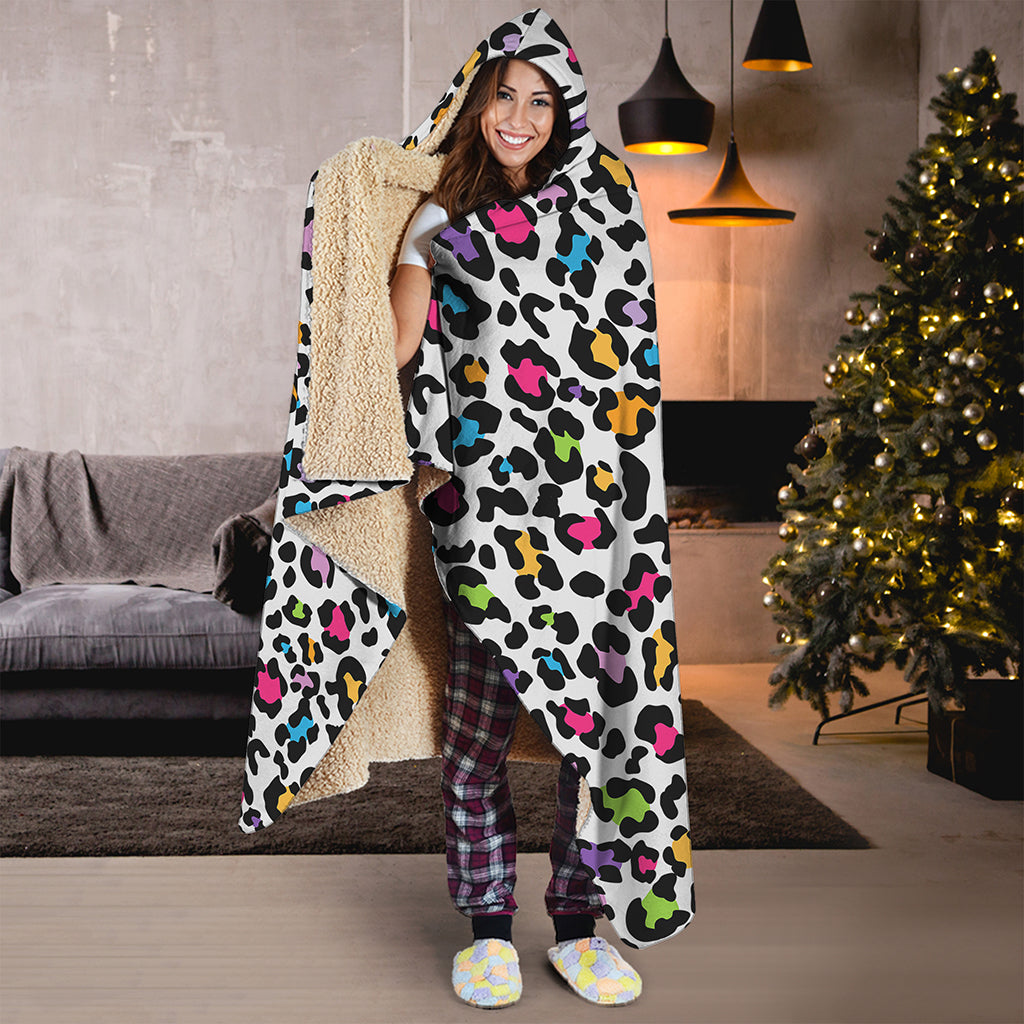 White And Rainbow Leopard Print Hooded Blanket