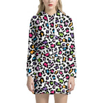 White And Rainbow Leopard Print Hoodie Dress