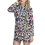White And Rainbow Leopard Print Hoodie Dress