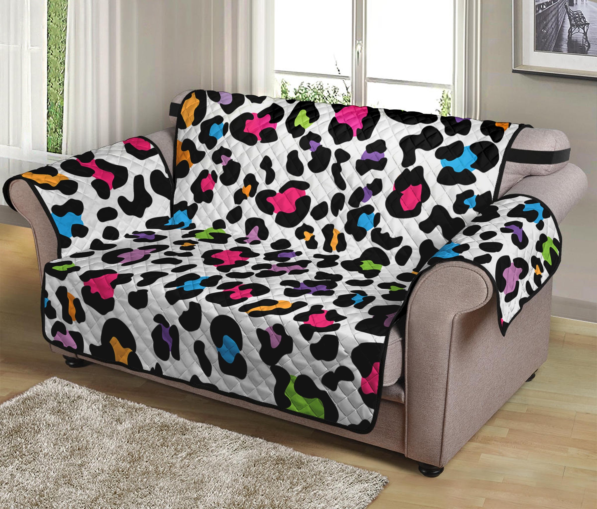 White And Rainbow Leopard Print Loveseat Protector