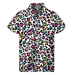 White And Rainbow Leopard Print Men's Short Sleeve Shirt