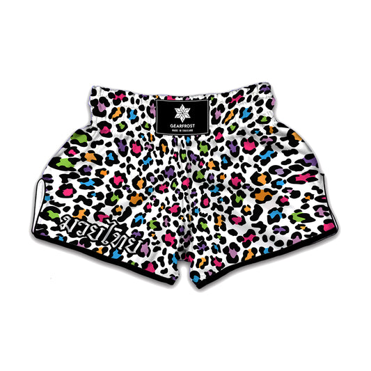White And Rainbow Leopard Print Muay Thai Boxing Shorts