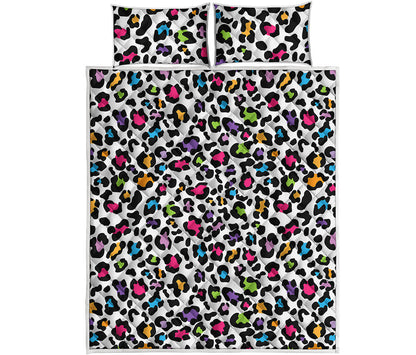 White And Rainbow Leopard Print Quilt Bed Set
