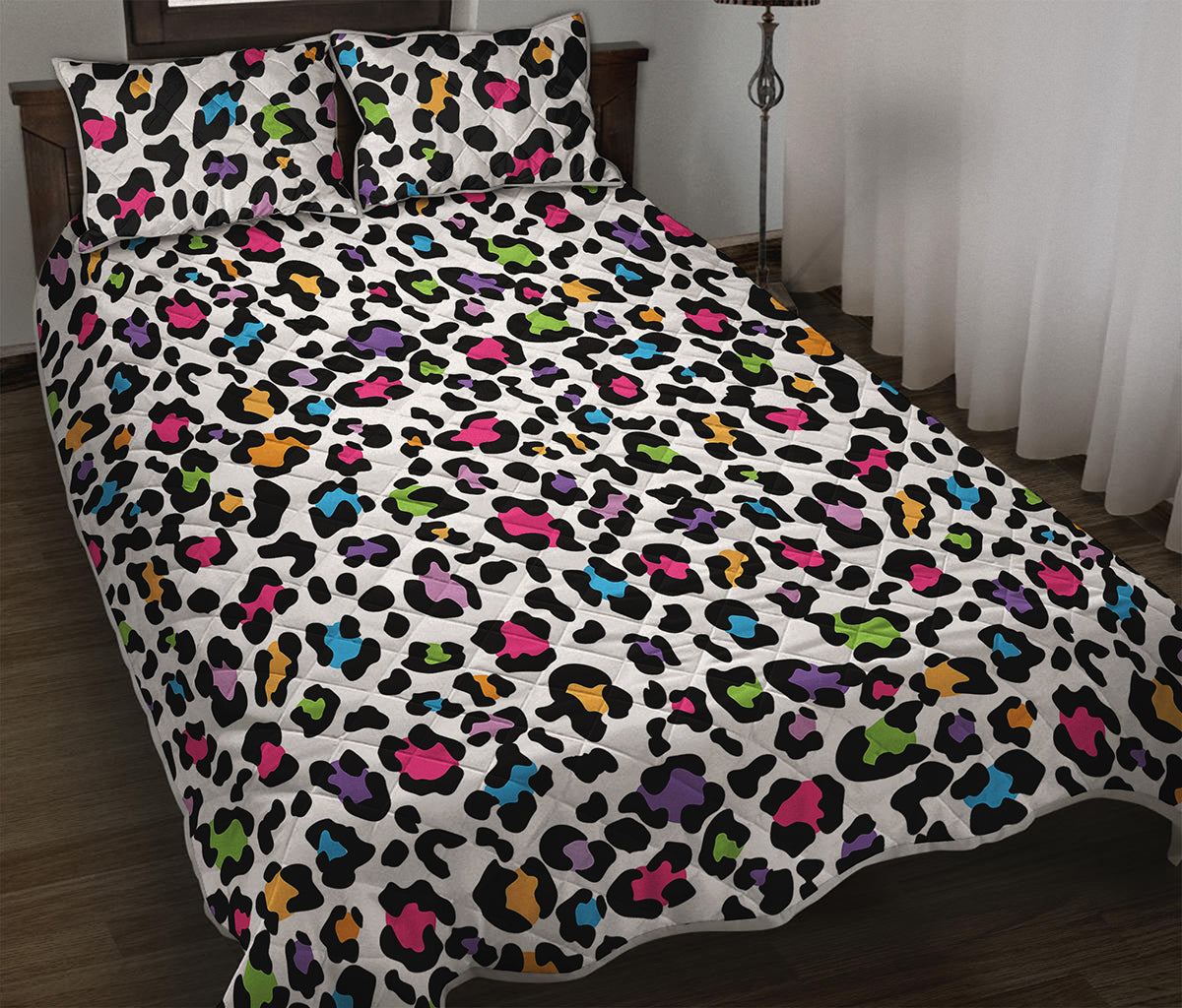 White And Rainbow Leopard Print Quilt Bed Set