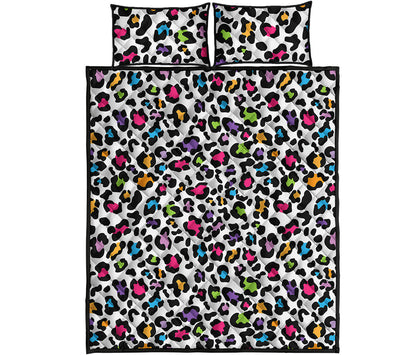 White And Rainbow Leopard Print Quilt Bed Set