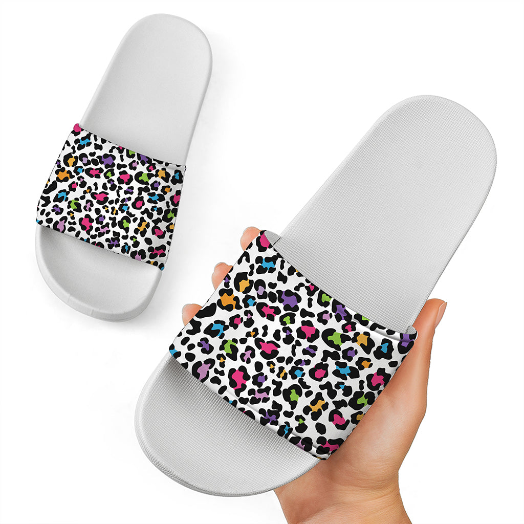 White And Rainbow Leopard Print White Slide Sandals