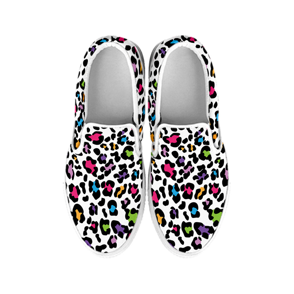 White And Rainbow Leopard Print White Slip On Shoes