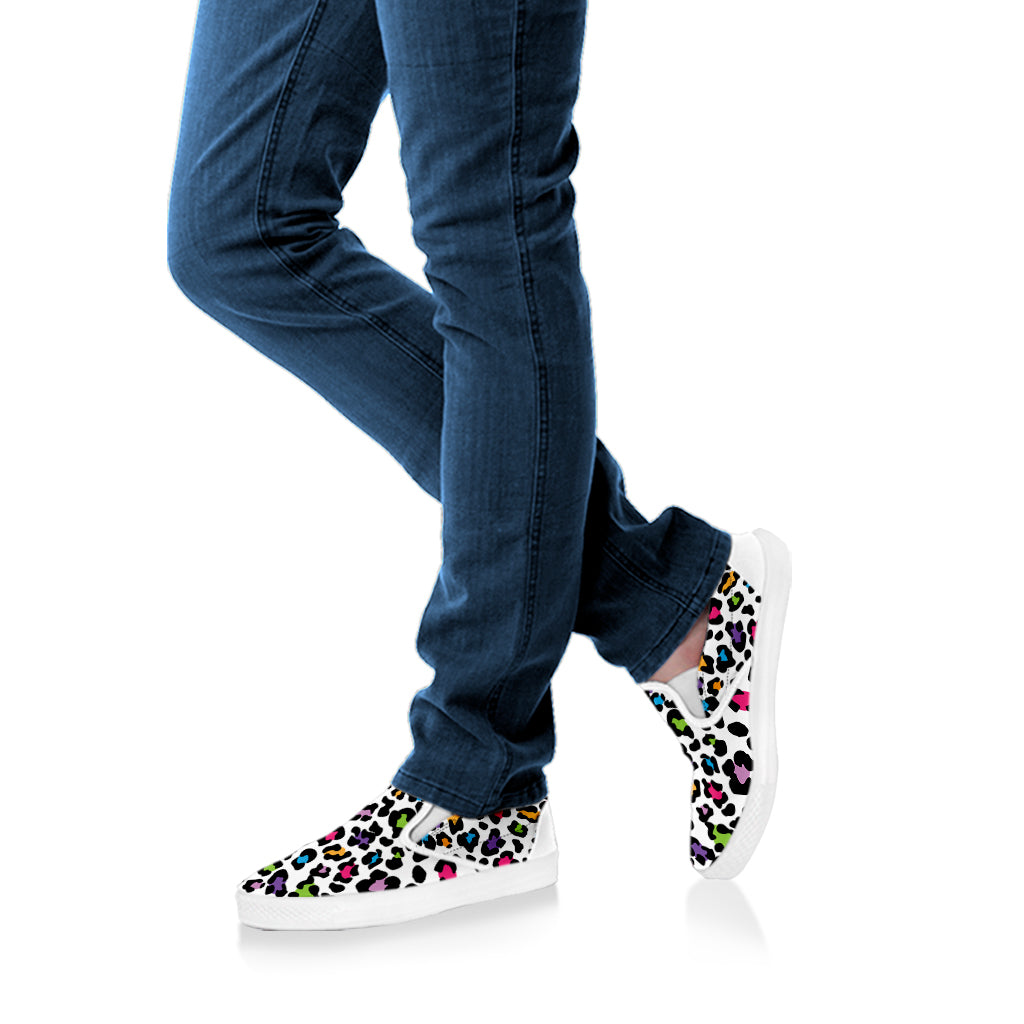 White And Rainbow Leopard Print White Slip On Shoes