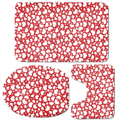 White And Red Heart Pattern Print 3 Piece Bath Mat Set