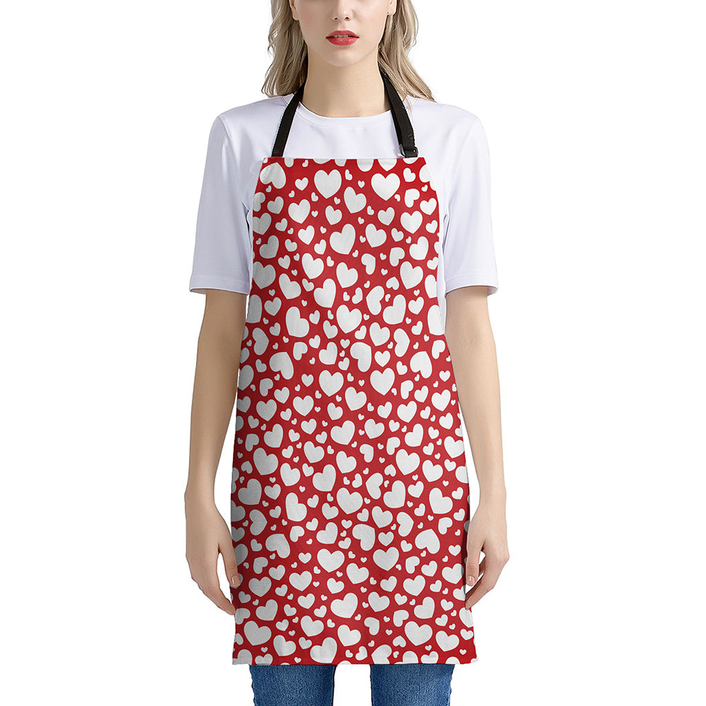 White And Red Heart Pattern Print Apron