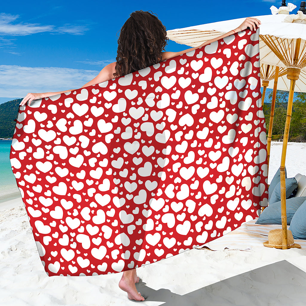 White And Red Heart Pattern Print Beach Sarong Wrap