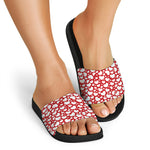 White And Red Heart Pattern Print Black Slide Sandals