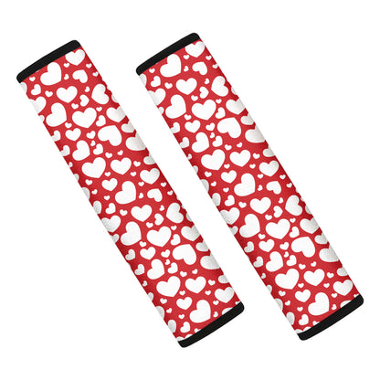 White And Red Heart Pattern Print Car Seat Belt Covers
