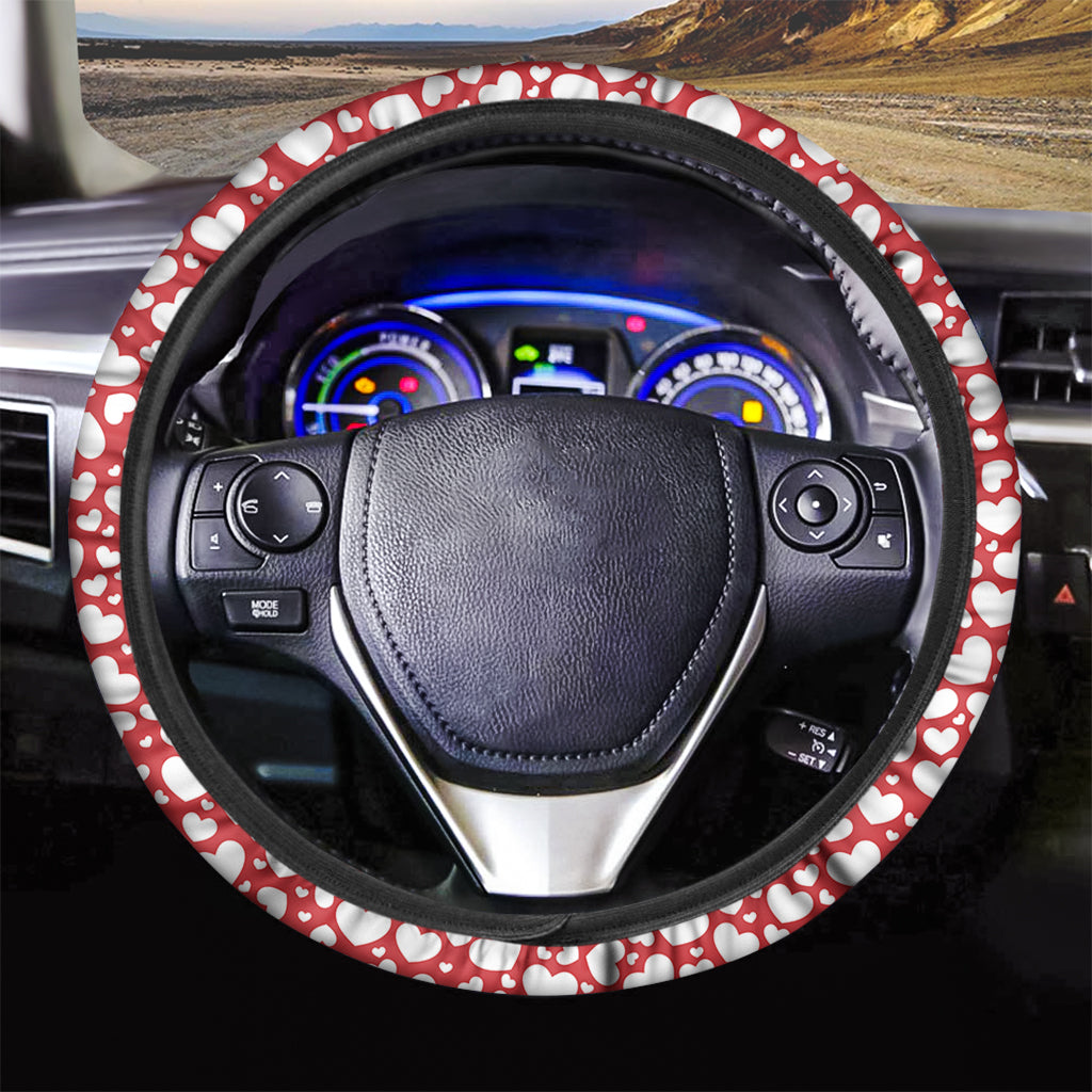 White And Red Heart Pattern Print Car Steering Wheel Cover