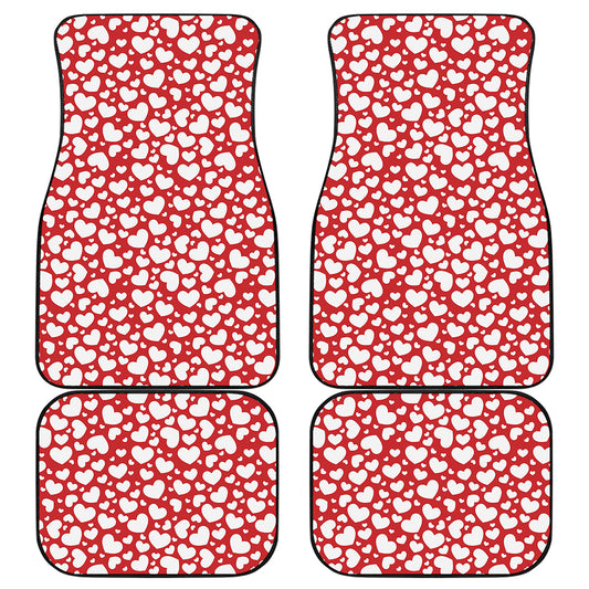 White And Red Heart Pattern Print Front and Back Car Floor Mats