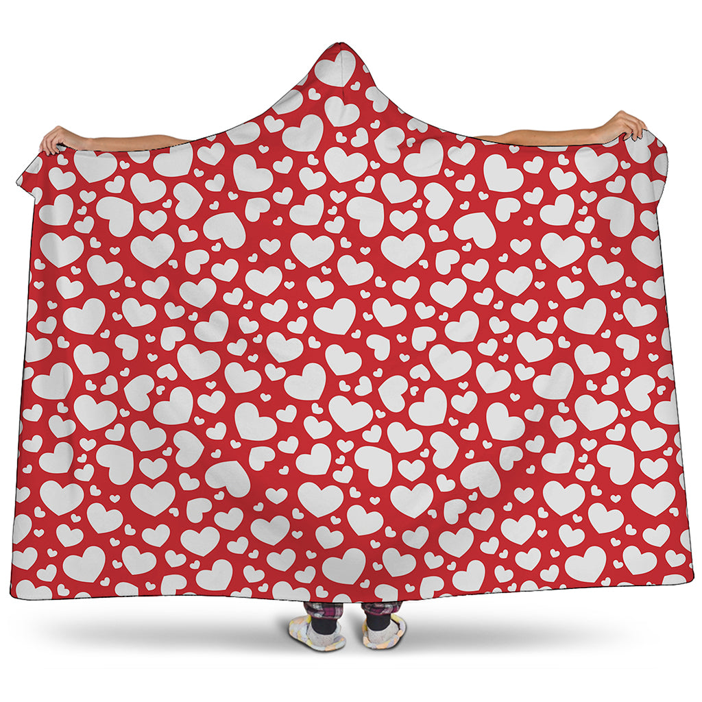 White And Red Heart Pattern Print Hooded Blanket