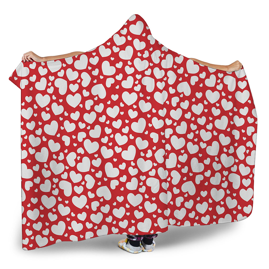 White And Red Heart Pattern Print Hooded Blanket