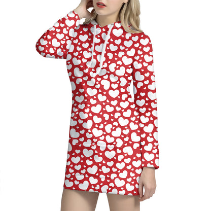 White And Red Heart Pattern Print Hoodie Dress
