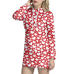 White And Red Heart Pattern Print Hoodie Dress