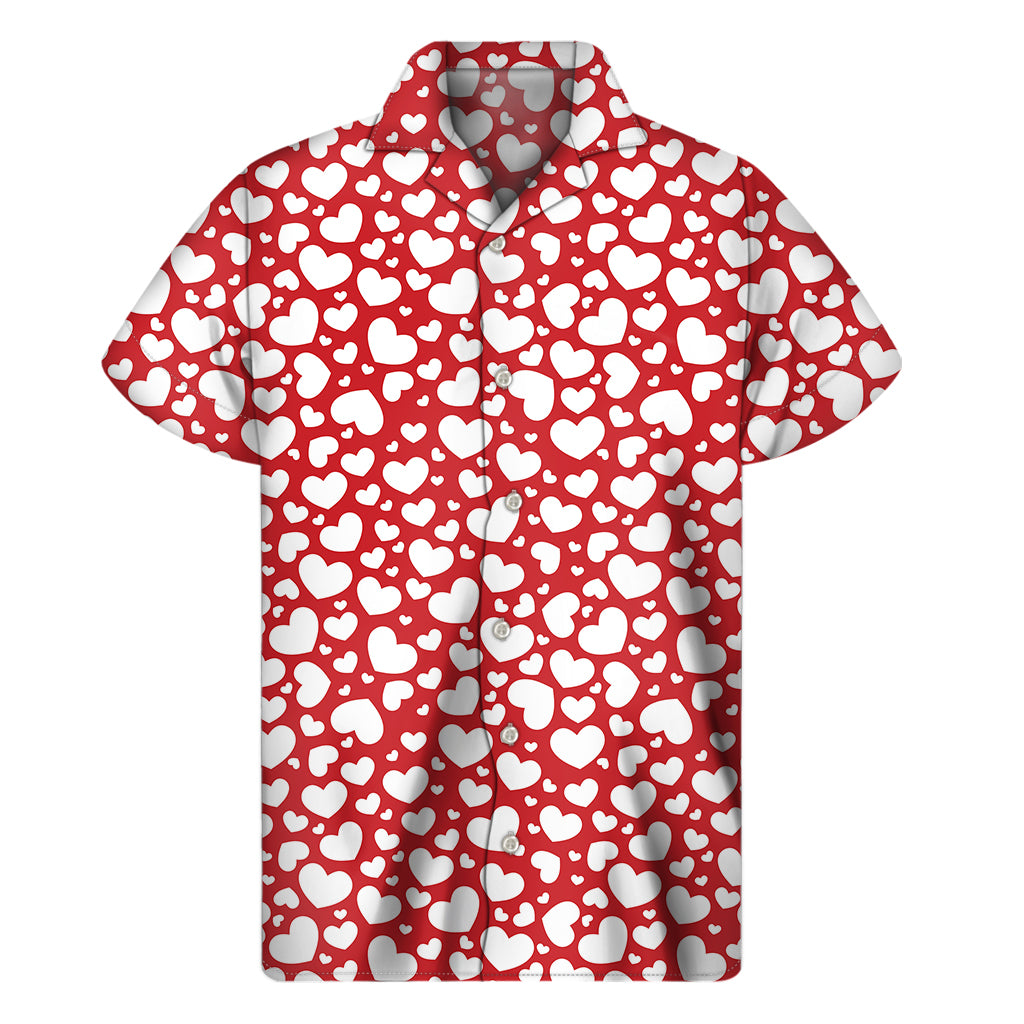 White And Red Heart Pattern Print Men's Short Sleeve Shirt