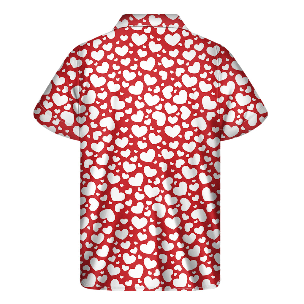White And Red Heart Pattern Print Men's Short Sleeve Shirt