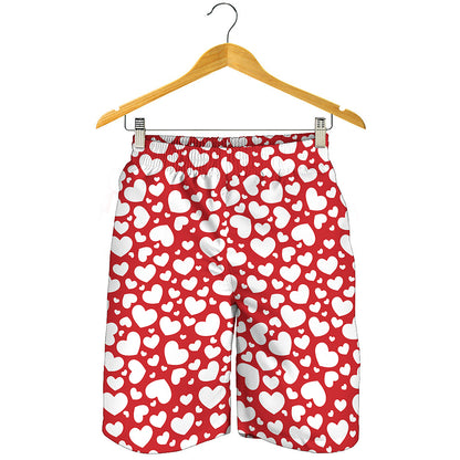 White And Red Heart Pattern Print Men's Shorts
