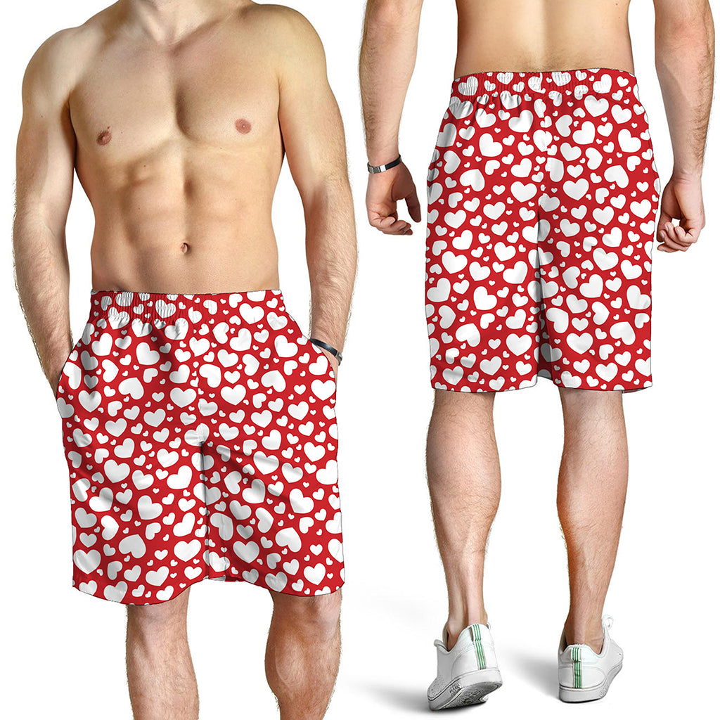 White And Red Heart Pattern Print Men's Shorts