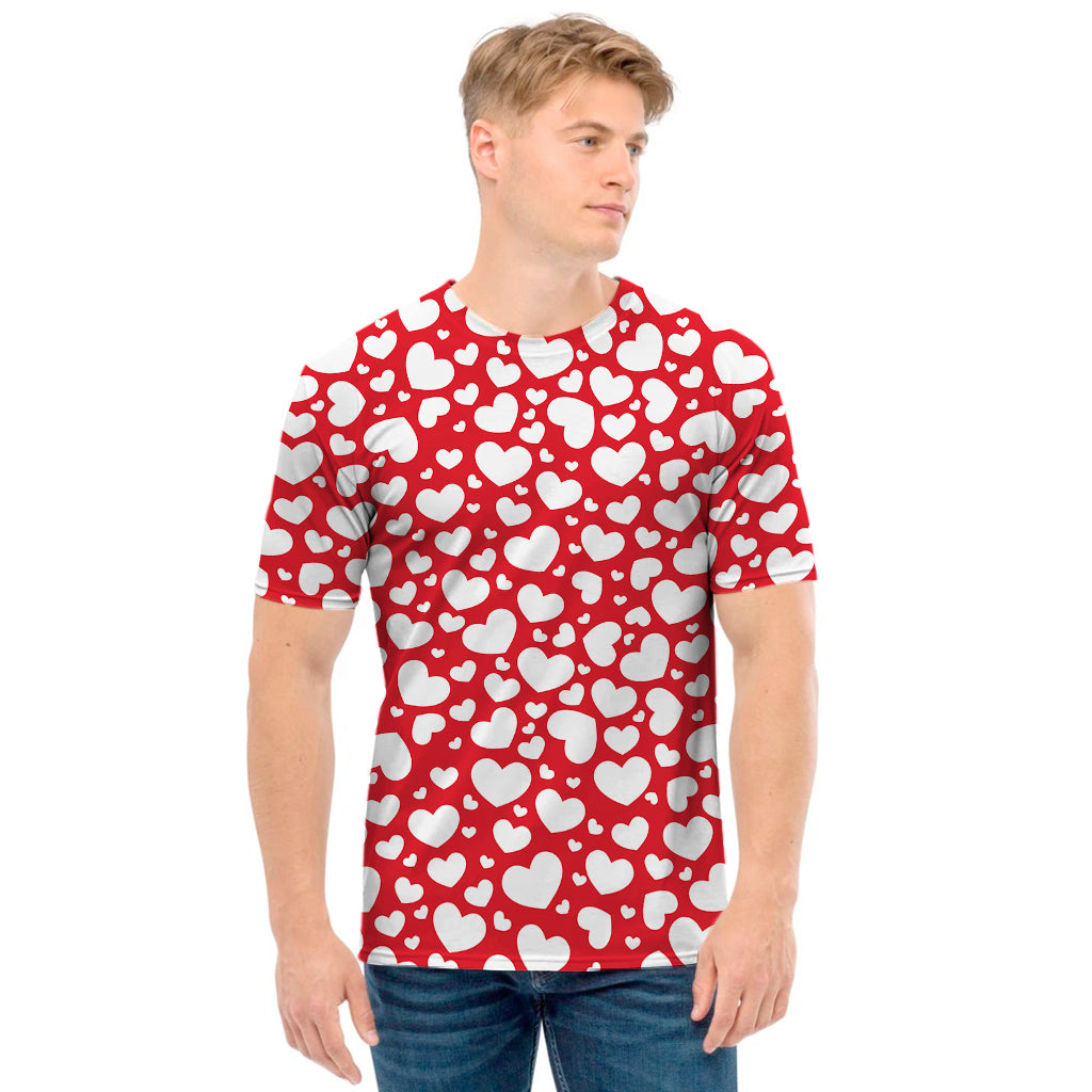 White And Red Heart Pattern Print Men's T-Shirt