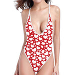 White And Red Heart Pattern Print One Piece High Cut Swimsuit