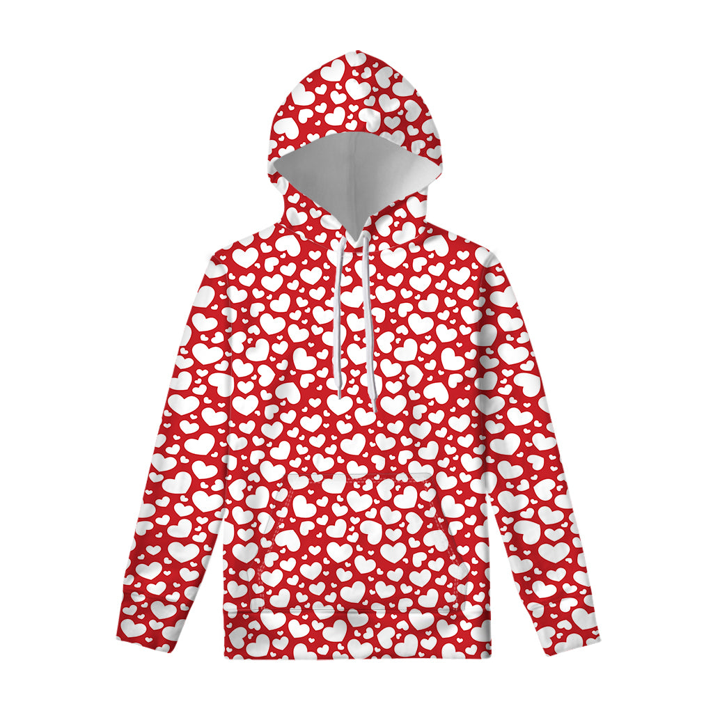 White And Red Heart Pattern Print Pullover Hoodie