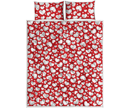 White And Red Heart Pattern Print Quilt Bed Set