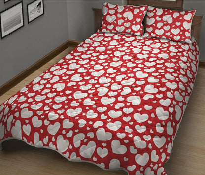 White And Red Heart Pattern Print Quilt Bed Set