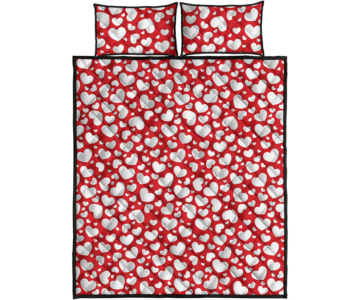 White And Red Heart Pattern Print Quilt Bed Set