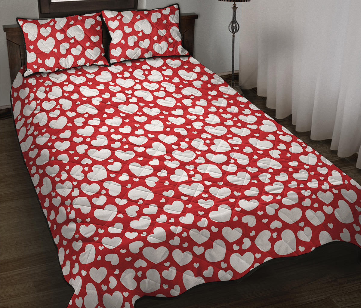 White And Red Heart Pattern Print Quilt Bed Set