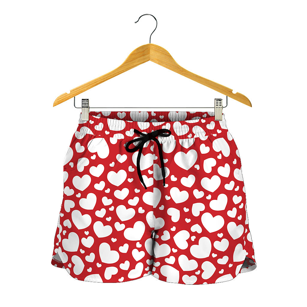 White And Red Heart Pattern Print Women's Shorts