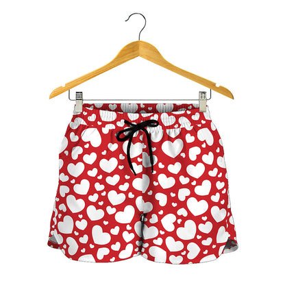 White And Red Heart Pattern Print Women's Shorts