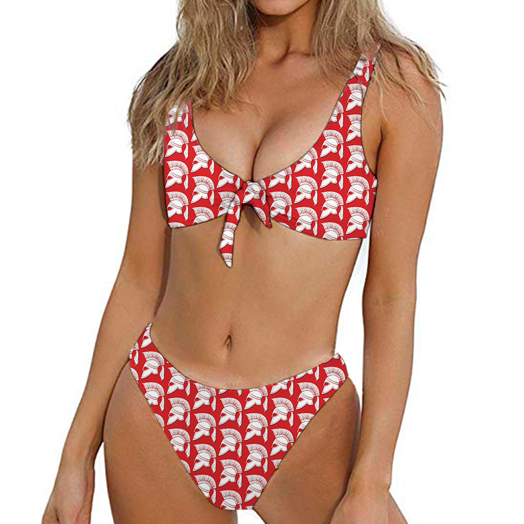 White And Red Spartan Pattern Print Front Bow Tie Bikini