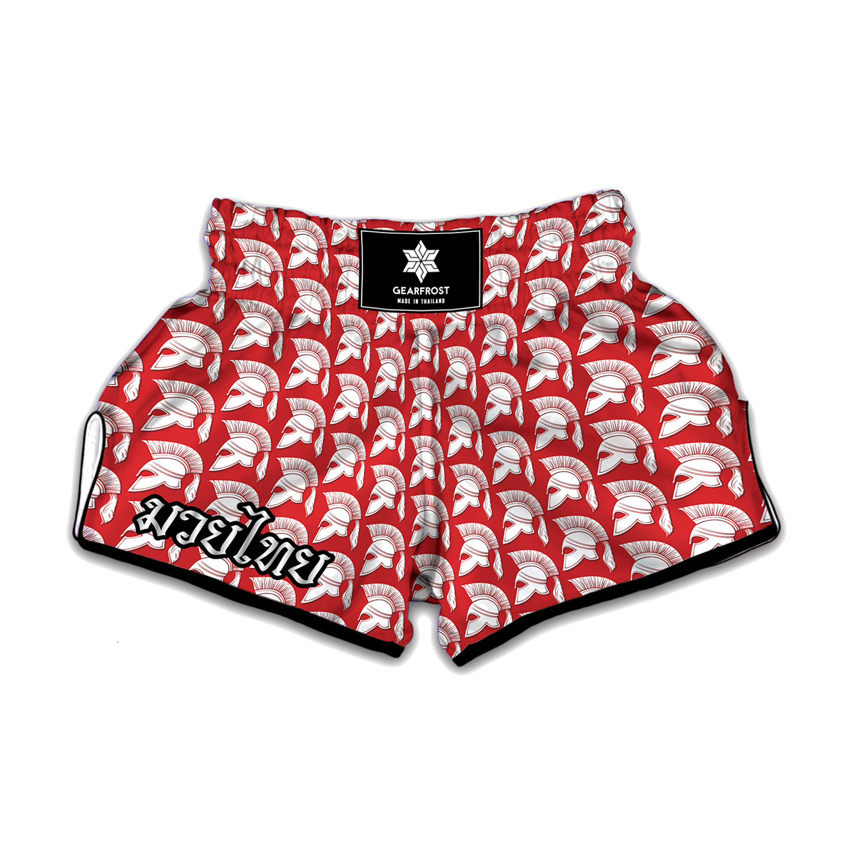 White And Red Spartan Pattern Print Muay Thai Boxing Shorts