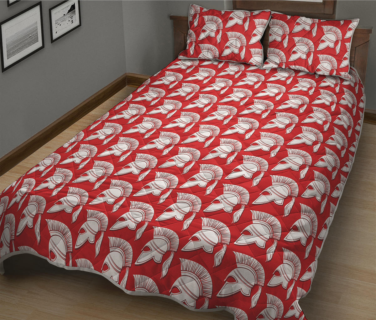 White And Red Spartan Pattern Print Quilt Bed Set