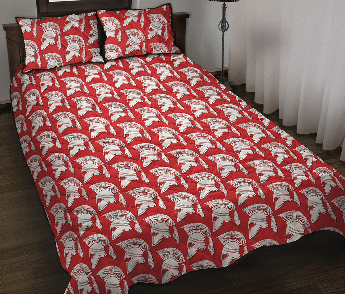 White And Red Spartan Pattern Print Quilt Bed Set