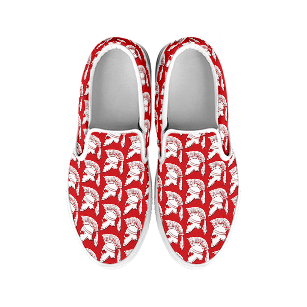 White And Red Spartan Pattern Print White Slip On Shoes