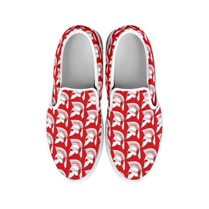 White And Red Spartan Pattern Print White Slip On Shoes