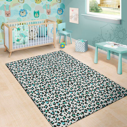 White And Teal Leopard Print Area Rug