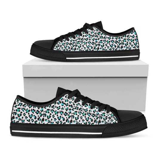 White And Teal Leopard Print Black Low Top Shoes