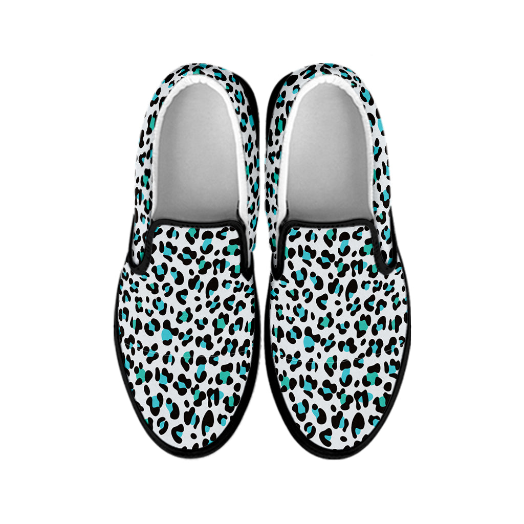 White And Teal Leopard Print Black Slip On Shoes