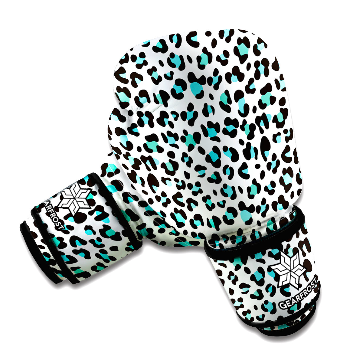 White And Teal Leopard Print Boxing Gloves